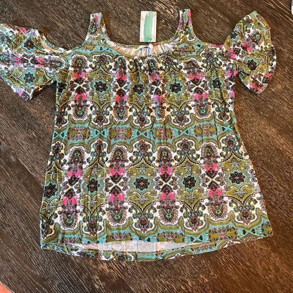 Santiki Delta S/S Cold Shoulder Printed Top sz XL NWT